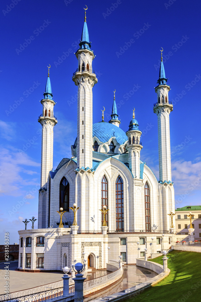 The Qolşärif (Kul-Sharif) Mosque view. Kazan Kremlin, Tatarstan, Russia. Sunny summer morning.