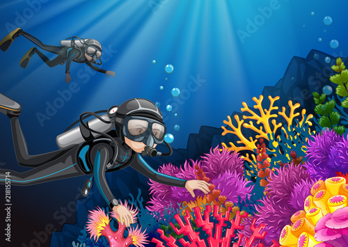 Scuba diving under the deep ocean