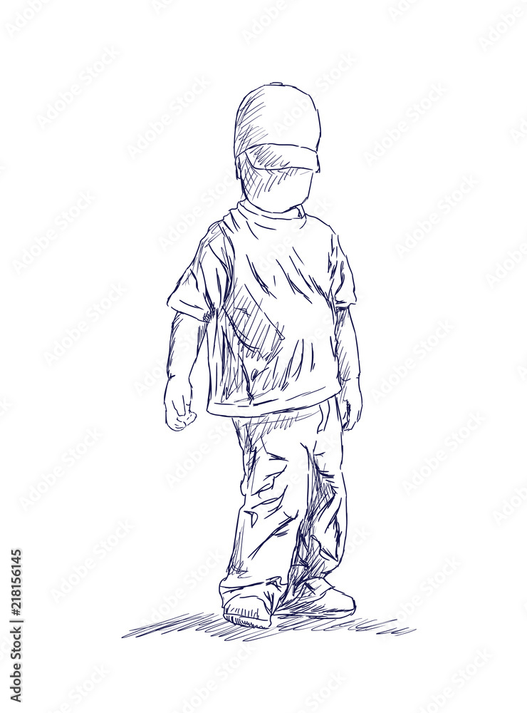 A cute little boy stand. Summer season. Hand drawn illustration A cute little boy stand. Summer season. Hand drawn illustration