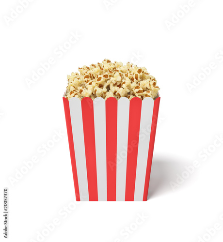 3d rendering of a square striped popcorn bucket filled with this snack over the brim on a white background.