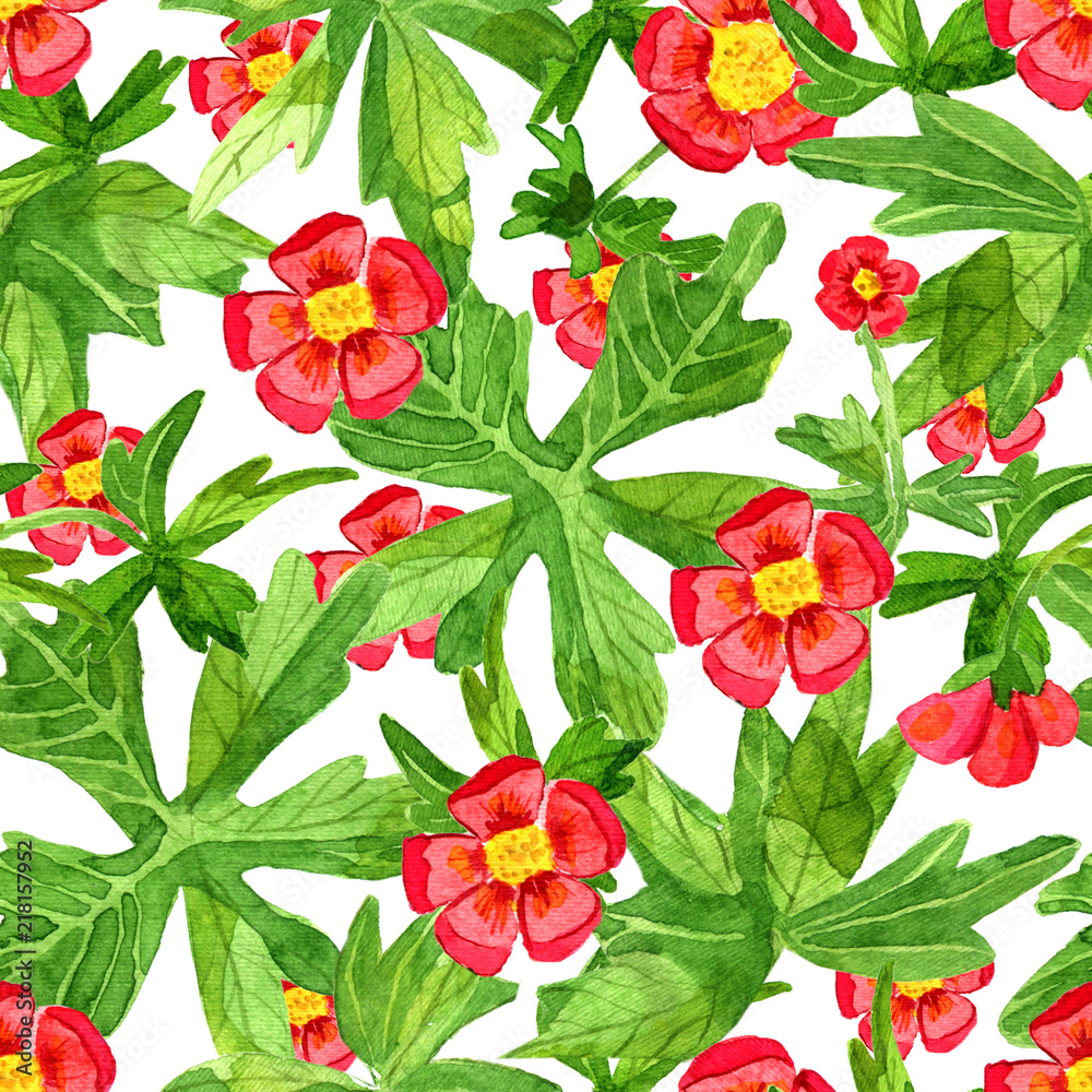 Seamless pattern with red anemone flowers and green leaves on white. Watercolor illustration with summer season background, botanical drawings for print, fabric, textile