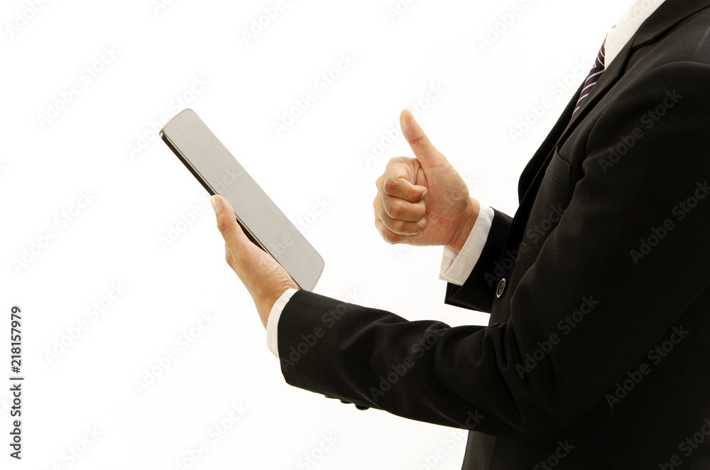 Close up of Business hand holding tablet device and right great hand Isolated on white backgrounds. Place for your text Close up of Business hand holding tablet device and right great hand Isolated on white backgrounds. Place for your text
