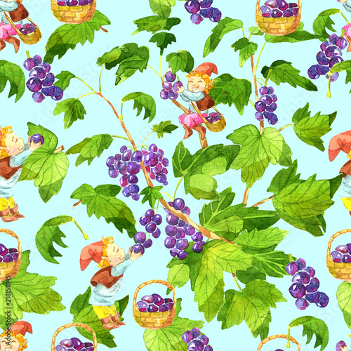 Fototapeta Naklejka Na Ścianę i Meble -  Seamless patterns with funny gnomes gathering ripe currant berries. Watercolor illustration with summer season background, botanical drawings for print, fabric, textile