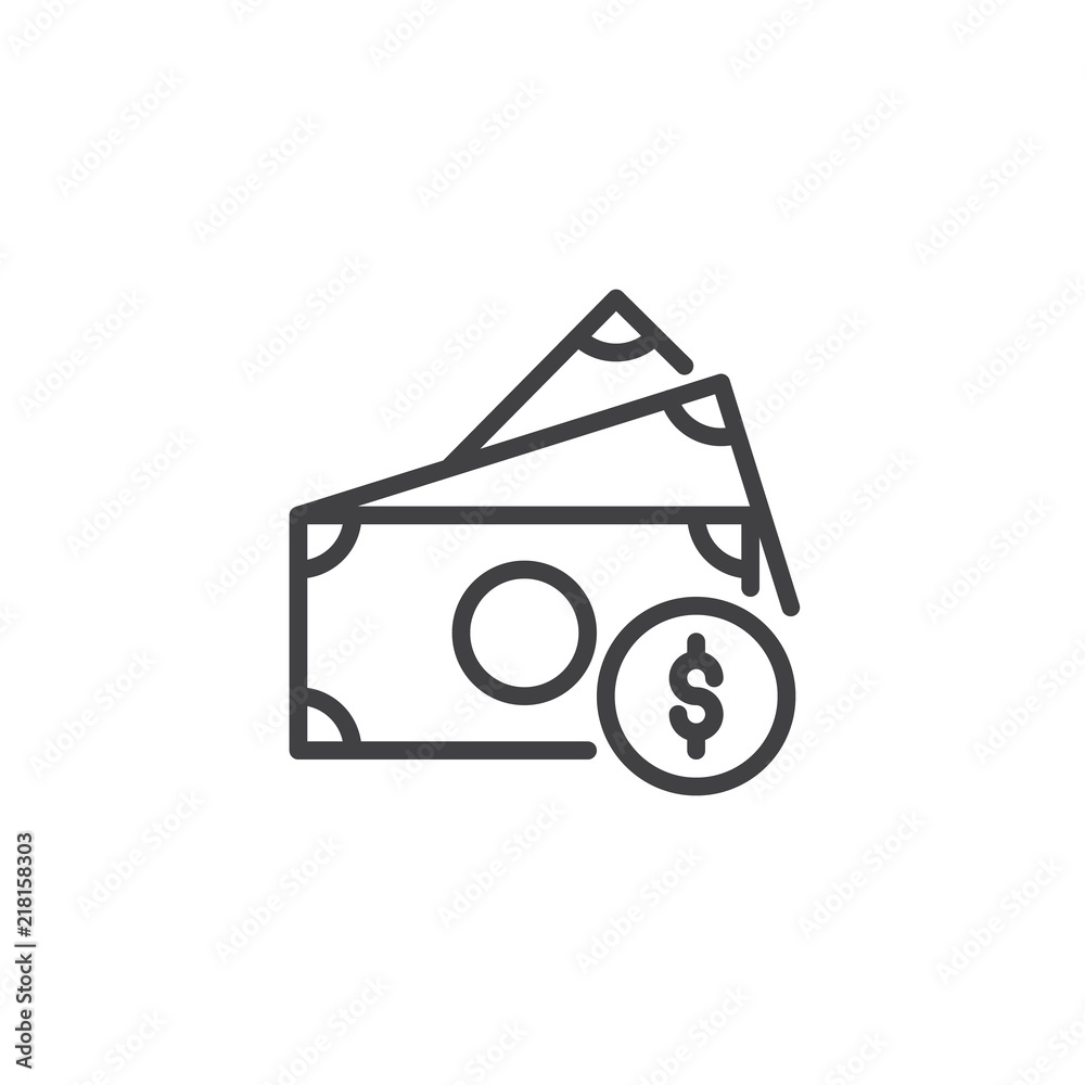 Dollar bills and coin outline icon. linear style sign for mobile concept and web design. Cash money simple line vector icon. Symbol, logo illustration. Pixel perfect vector graphics Dollar bills and coin outline icon. linear style sign for mobile concept and web design. Cash money simple line vector icon. Symbol, logo illustration. Pixel perfect vector graphics