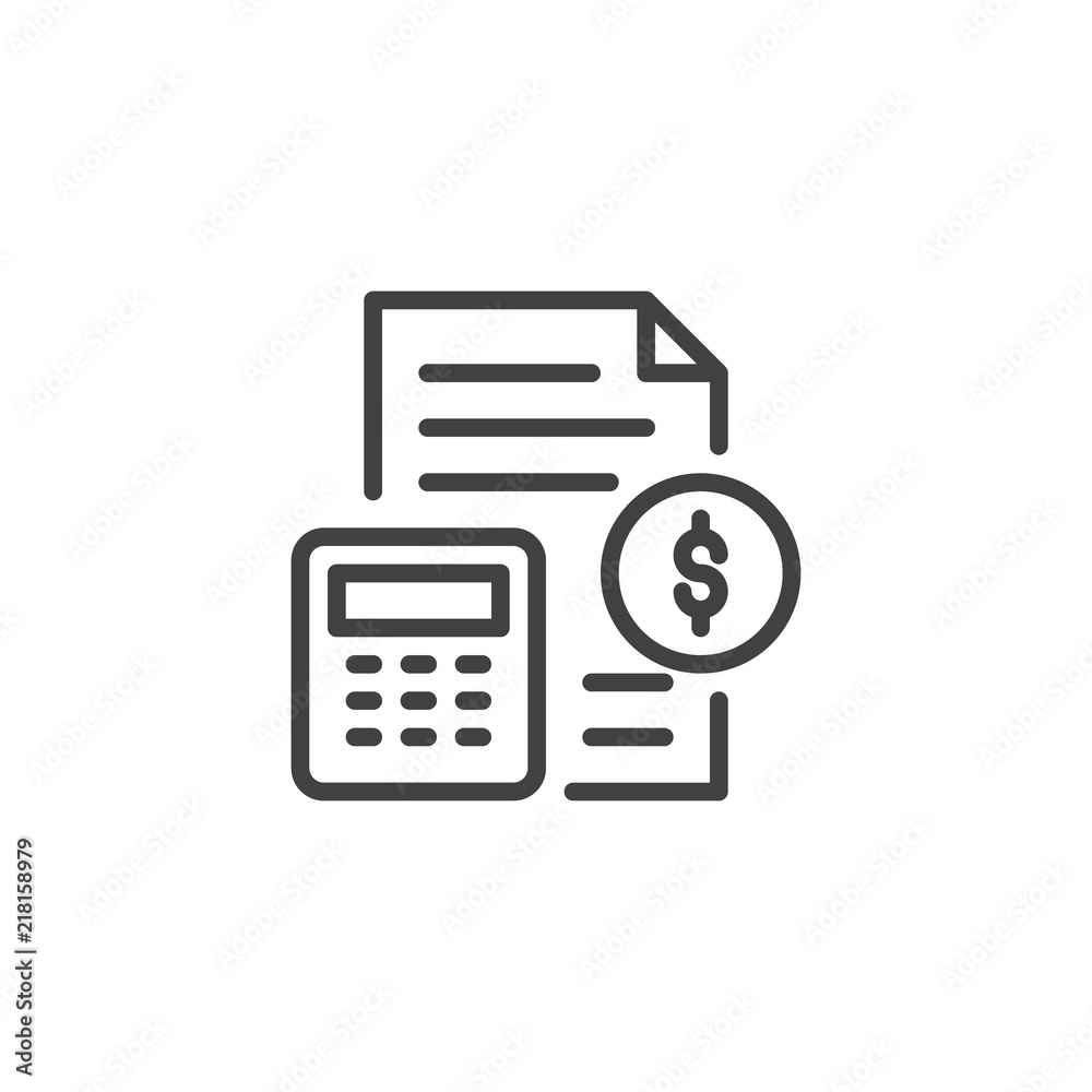 Money document and calculator outline icon. linear style sign for mobile concept and web design. Financial accounting simple line vector icon. Symbol, logo illustration. Pixel perfect vector graphics - obrazy, fototapety, plakaty 