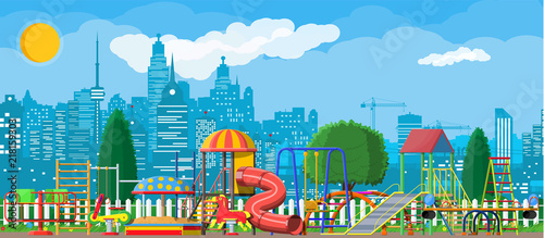 Kids playground kindergarten panorama. Urban child amusement. Slide ladder, rocking toy on spring, slide tube, swing carousel balancer, sandbox. City park. Cityscape. Vector illustration flat style