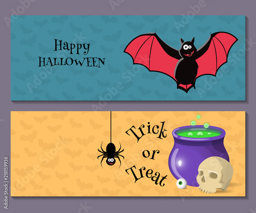 Cartoon Halloween horizontal banner set wth halloween symbols.