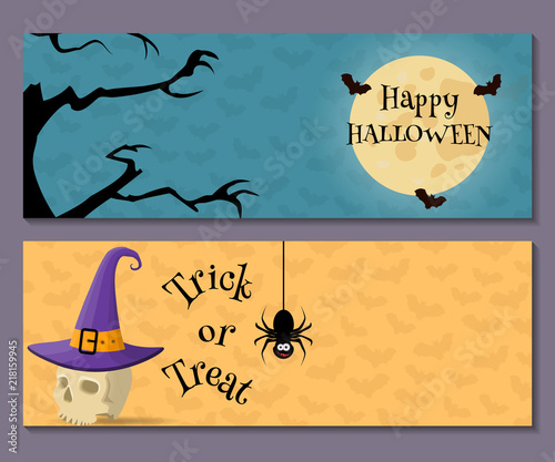 Cartoon Halloween horizontal banner set wth halloween symbols.