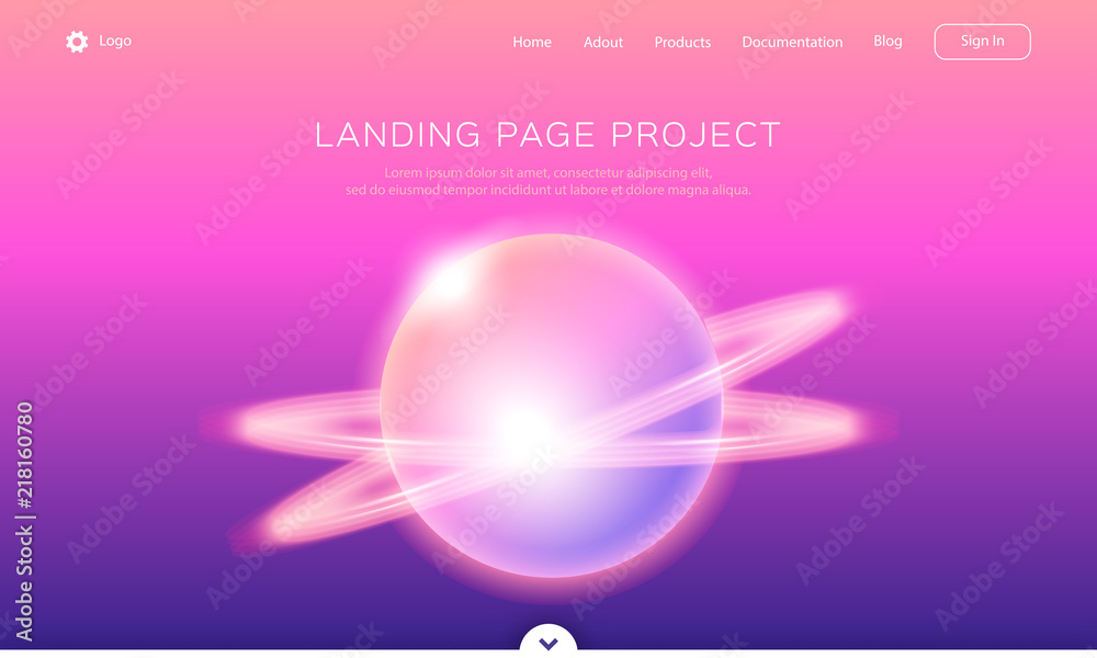 Landing page template of App Development, web page or mobile website. Gradient background, Shining abstract planet, Saturn, space, sky. Vector isolated objects