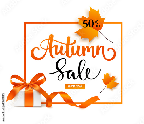Autumn Sale template design. Lettering with gift box and red maple leaves.Vector illustration