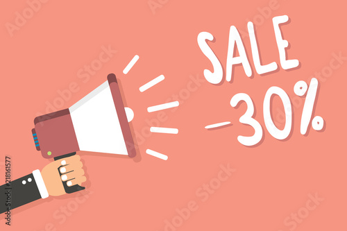 Text sign showing Sale 30. Conceptual photo A promo price of an item at 30 percent markdown Man holding megaphone loudspeaker pink background message speaking loud. photo