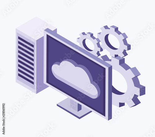 Data center technology devices and isometric elements vector illustration graphic design