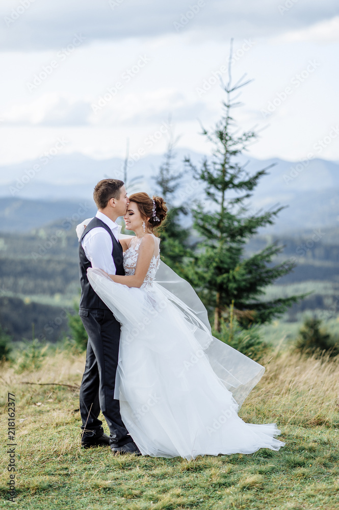 Beautiful bride and groom at the mountains