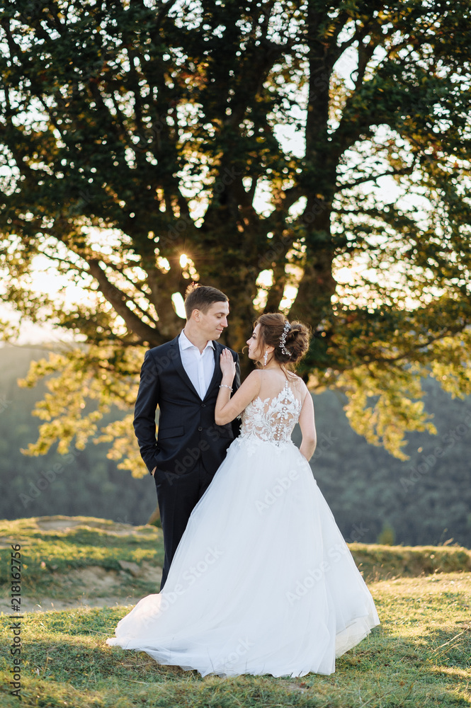 Beautiful bride and groom at the mountains Beautiful bride and groom at the mountains