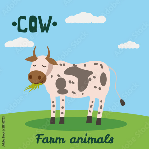 Cute Caw farm animal character, farm animals, vector illustration on field background. Cartoon style, isolated