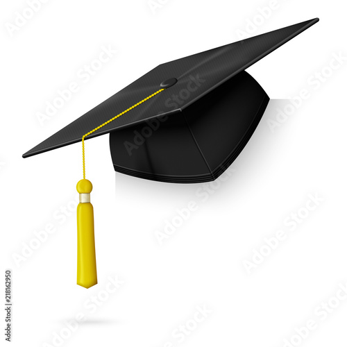 Vector realistic graduation cap hang on the corner of paper, wall, frame, board etc. Isolated on white background.