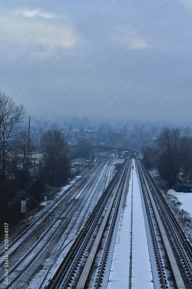 Light Rail Transit infrastructure covered with light layer of snow in Vancouver, BC Light Rail Transit infrastructure covered with light layer of snow in Vancouver, BC