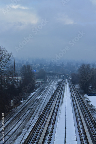 Light Rail Transit infrastructure covered with light layer of snow in Vancouver, BC © Sabrina Voth