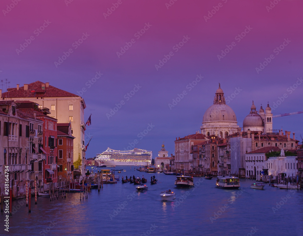 sunset on Grand Canal, Venice. Italy, Passenger ship in background