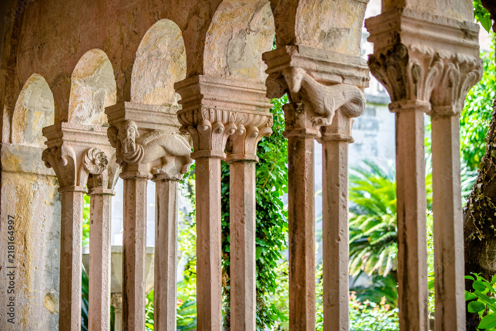 Fototapeta premium Colonnade in the ancient Catholic Church of Dubrovnik, Croatia. 