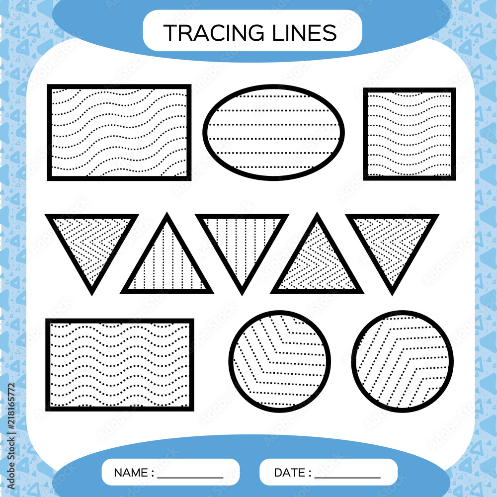 tracing lines kids education preschool worksheet basic writing kids doing worksheets fine motor skills waves and zigzag lines blue background square circle triangle stock vector adobe stock