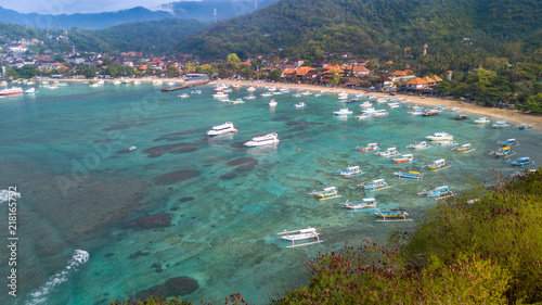 Aerial : Padang Bai Port area,popular destination to Nusa Dua island,Bali island,Indonesia