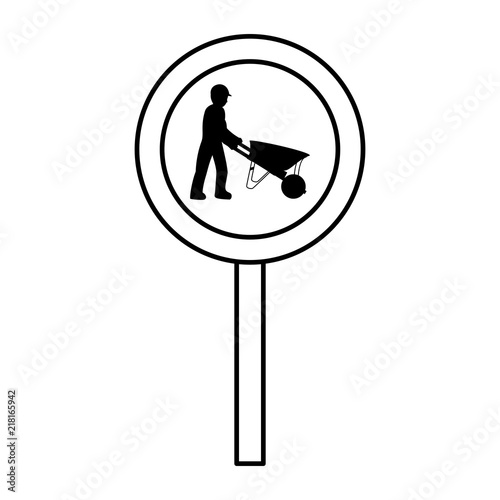 line circle caution emblem and laborer with wheelbarrow