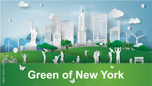 Paper art of happy family with green park landmarks at New York City, America,vector