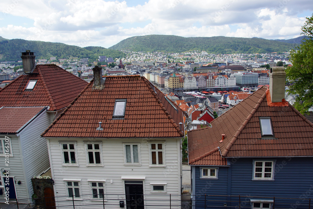 Houses made of wood with tile roofs in the city of Bergen in Norway