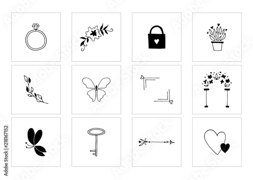 Romantic and wedding clipart, feminine logo elements.