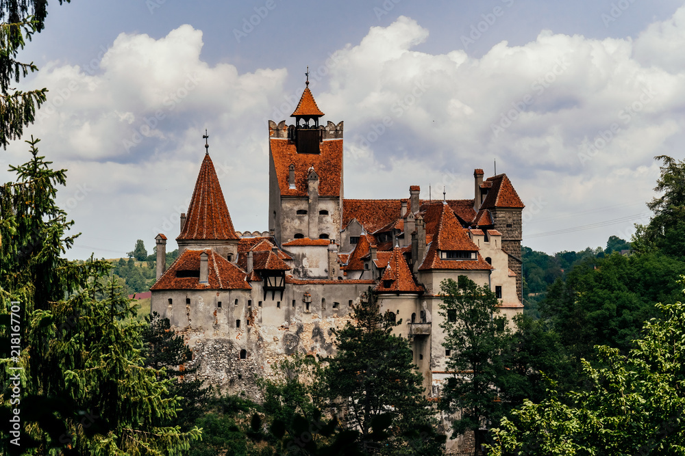 Mysterious romantic Bran Castle. Vampire Residence of Dracula in the forests of Romania
