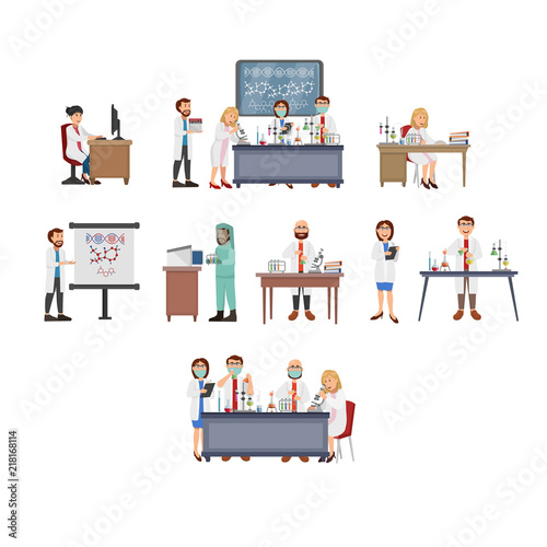 Illustration of Laboratory, Scientist Experiments , Pharmacy Lab, Chemical Science Workspace on Flat Vector Cartoon