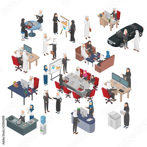 Set of Arabian Bussiness People, Office, Teamwork, Transactions, Negotiation. on Flat Isometric Vector