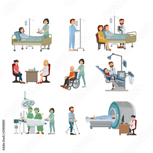 Set of Doctor And Patient on Hospital, Injury Treatment, Surgery, Medical Service. Flat Vector Illustration