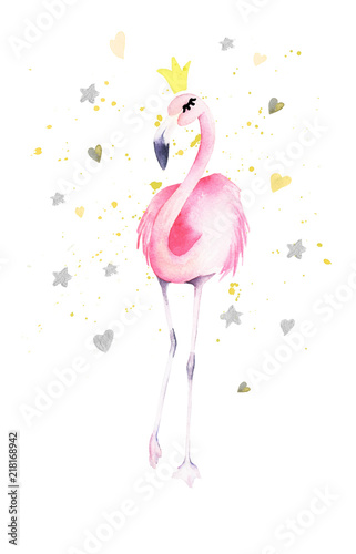 Watercolor flamingo. Hand drawn summer illustration. Painting cute print