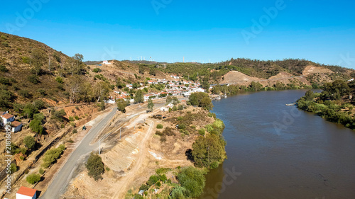 Aerial view from the Pomarão village with the Guadiana river. Alentejo Portugal