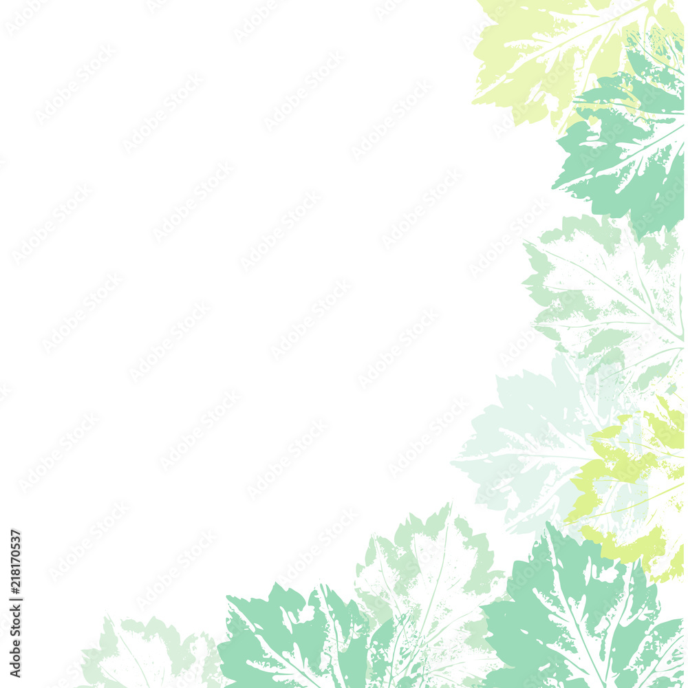 Banner template with corner decoration element made of natural leaf prints, vector illustration isolated on white background. Banner decorated with hand printed prints of spring summer leaves Banner template with corner decoration element made of natural leaf prints, vector illustration isolated on white background. Banner decorated with hand printed prints of spring summer leaves