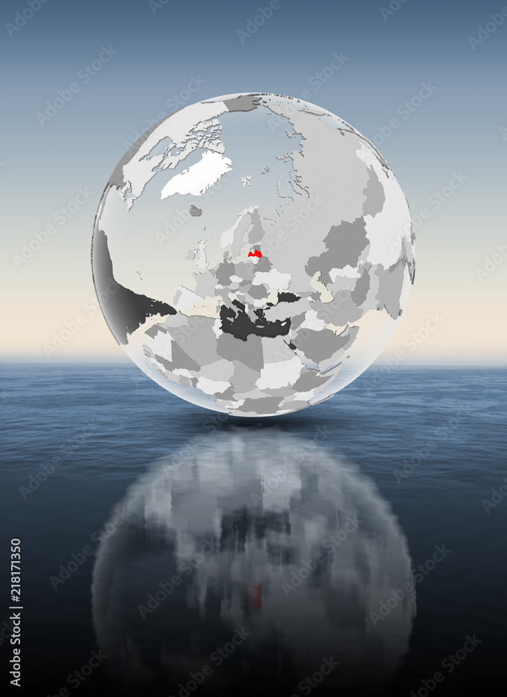 Latvia on translucent globe above water Latvia on translucent globe above water