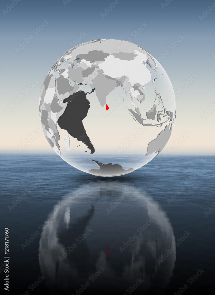 Sri Lanka on translucent globe above water Sri Lanka on translucent globe above water