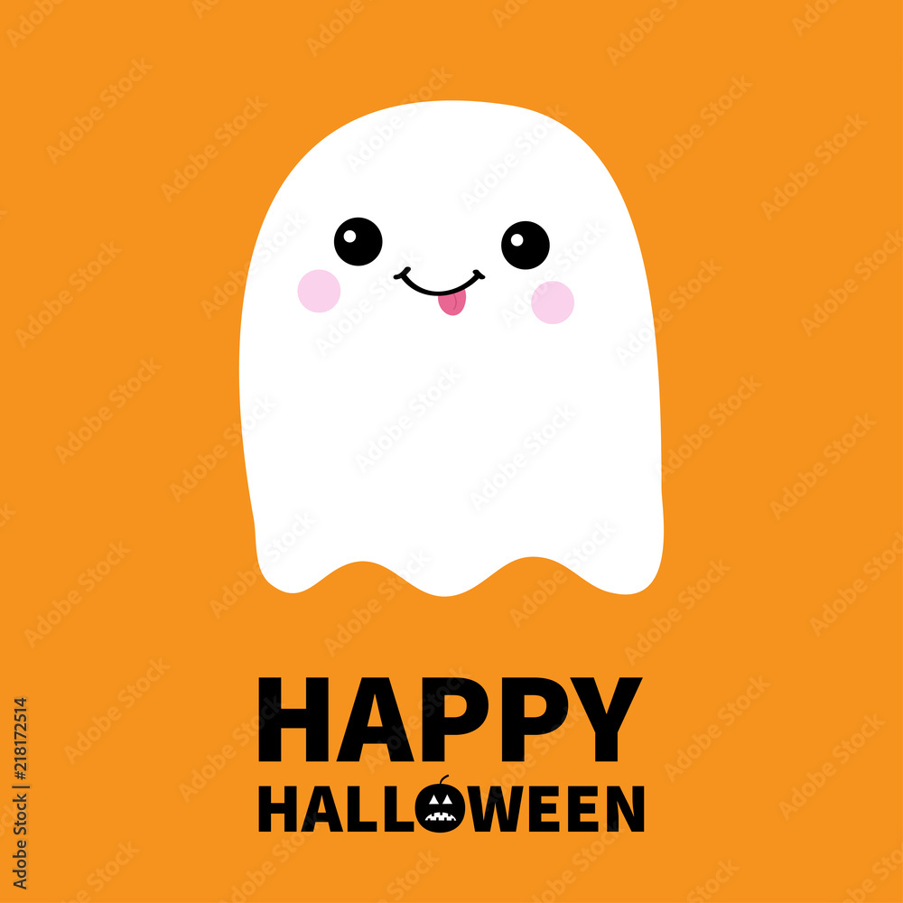 Obraz premium Happy Halloween. Flying ghost spirit showing tongue. Boo. Scary white ghosts. Cute cartoon spooky character. Smiling face, cheeks. Orange background Greeting card. Flat design.