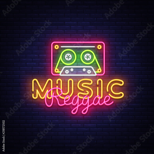 Reggae Music neon sign vector. Reggae Design template neon sign, summer light banner, neon signboard, nightly bright advertising, light inscription. Vector Illustration