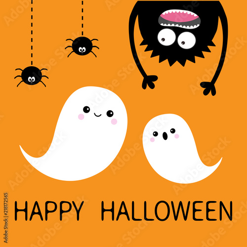 Happy Halloween card. Two flying ghost spirit. Monster head silhouette. Eyes, hands. Hanging upside down. Black spider dash line. Flat design Funny Cute cartoon baby character Orange background