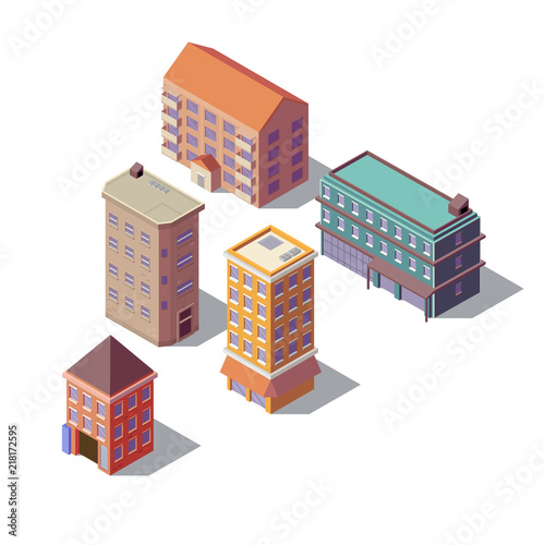 Vector isometric set of modern buildings, high towers with business offices, residential multistorey constructions, isolated on background. Urban architecture, town exterior, objects for infographic