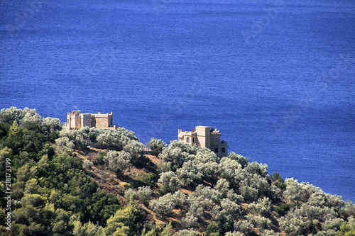 Two amazing houses have great view above the aegean sea,Greece photo