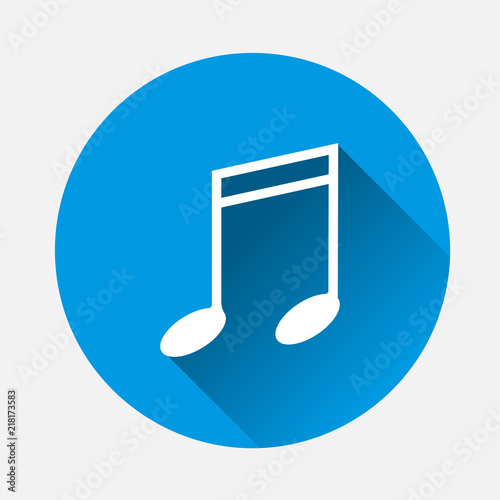 Note vector icon. Music icon symbol on blue background. Flat image note icon with long shadow. Layers grouped for easy editing illustration. For your design.