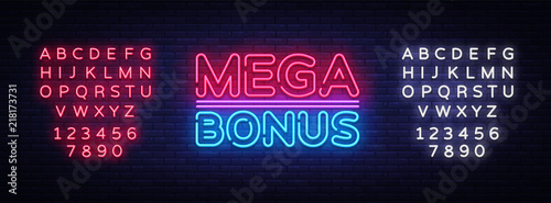 Mega Bonus neon sign vector. Bonus neon text Design template neon sign, light banner, signboard, nightly bright advertising, light inscription. Vector Illustration. Editing text neon sign