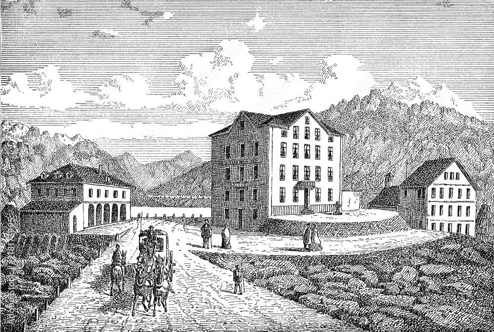 St. Gotthard pass connecting northern and southern Switzerland, old engraving