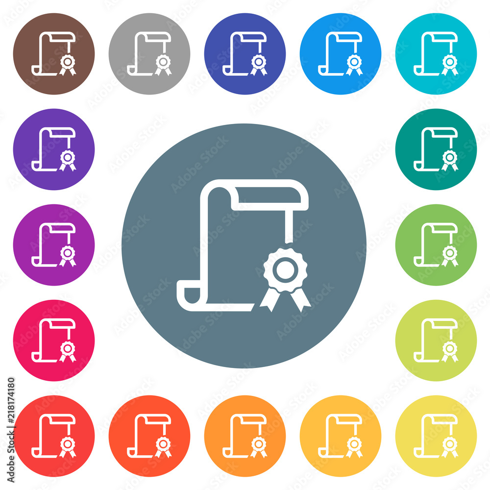 Scroll with certificate on right flat white icons on round color backgrounds Scroll with certificate on right flat white icons on round color backgrounds