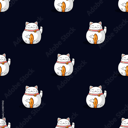Manekineko cat seamless vector pattern on dark background. Fabric pattern. 