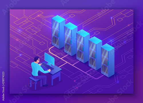 Isometry landing page with man connecting to server, computer network concept, 3d vector illustration with isometric people